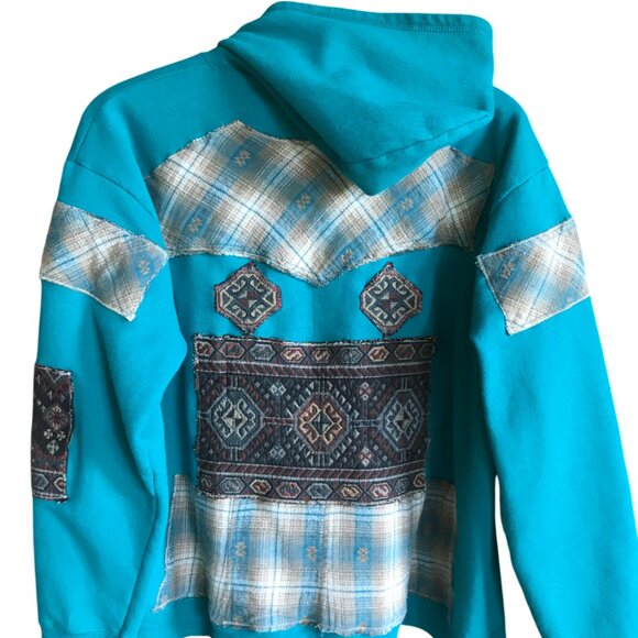 Upcycled Patchwork Jacket, Size L: Teal Tribal Zip-Up Hoodie, Southwest Aztec - Picture 6 of 16